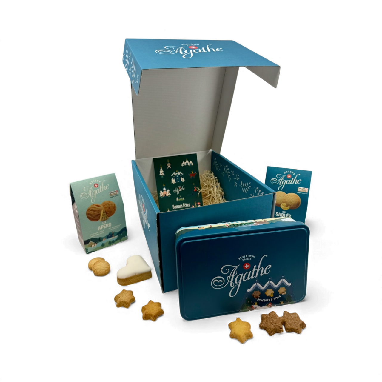 Coffret CO05 - ouverte 2 - sans fond le coffret Noel d'Agathe - Assortiment de biscuits artisanaux suisses